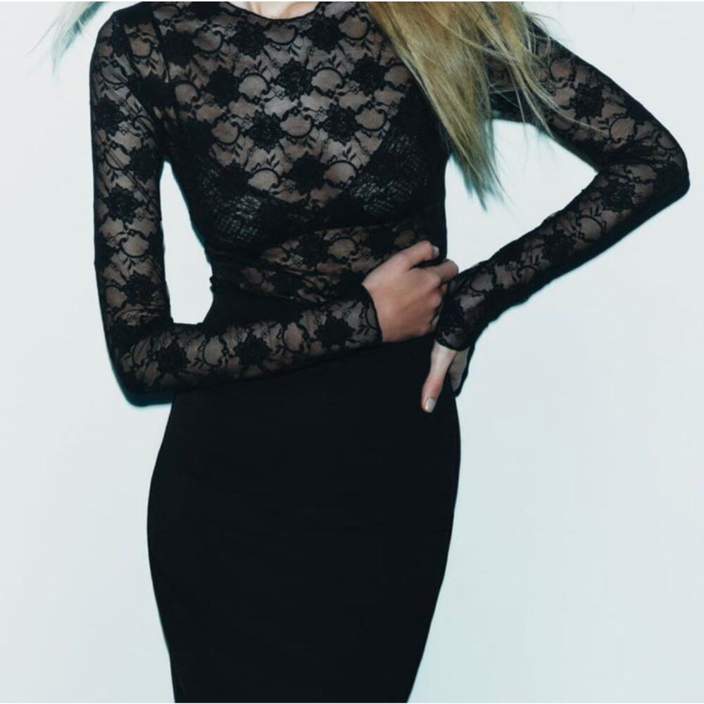 Zara Black Floral Sheer Lace‎ Bodysuit Women's Small Sultry Bodycon Whimsical